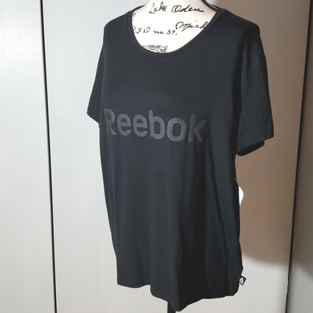 Reebok- Womens Black Logo Top Short Sleeve  Athleisure Relaxed Athletic Sz.XL
